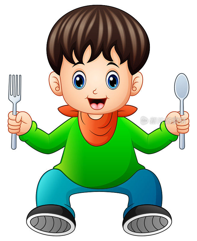 卡通快乐的小男孩拿着勺子和叉子
