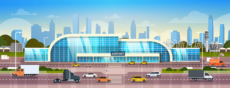 机场建筑外观现代航站楼与汽车在高速公路和摩天大楼的背景水平横幅