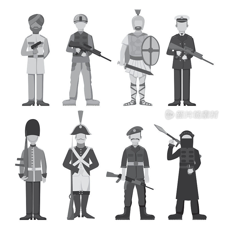 军人角色武器单色盔甲人剪影部队设计和美国战斗机弹药海军伪装标志矢量插图