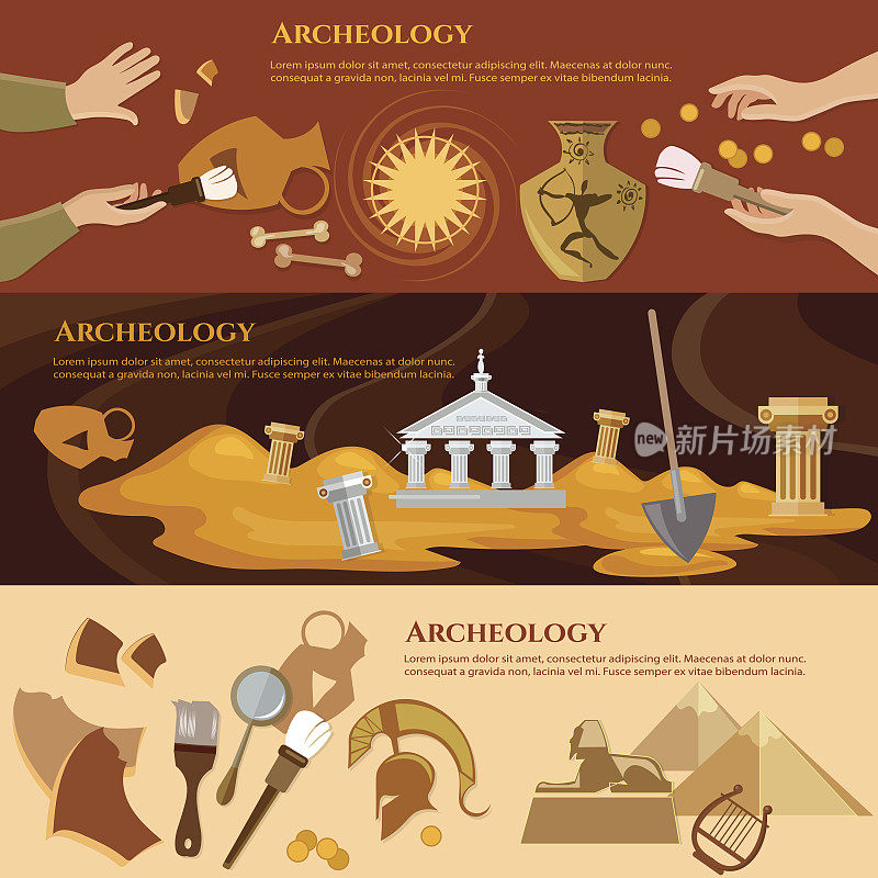 考古学和古生物学旗帜。考古发掘和考古学家发掘古代文物是古代历史的载体
