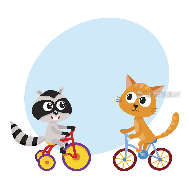 可爱的小浣熊和小猫一起骑自行车