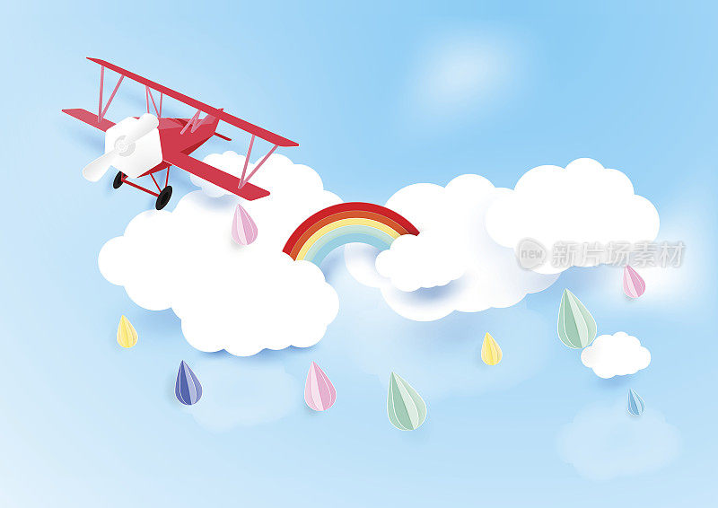 纸艺术风格的飞机在天空中飞行，背景是云和雨