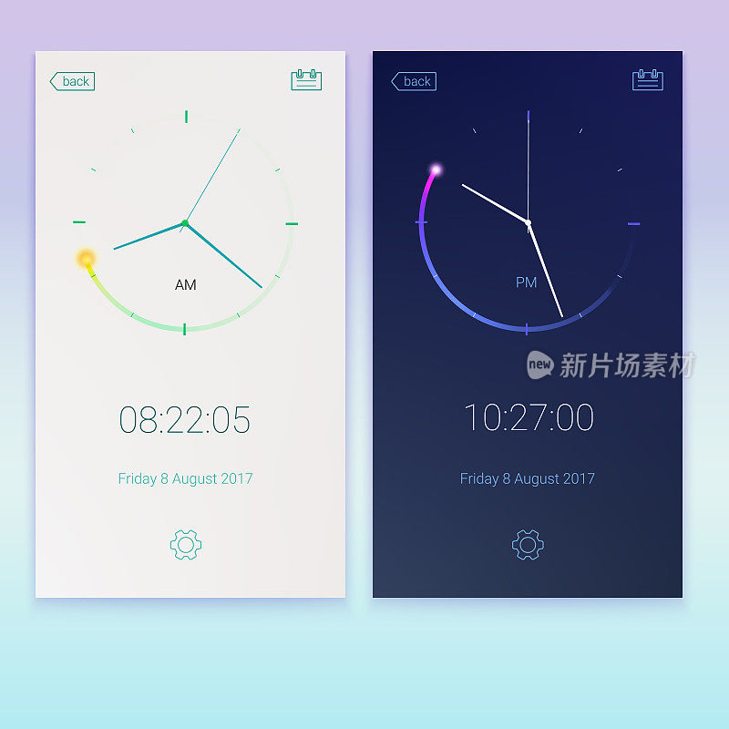 时钟应用，对比UI设计的概念，白天和夜晚的变体。数字倒计时app，用户界面套件，移动时钟界面。UI元素，3D插图