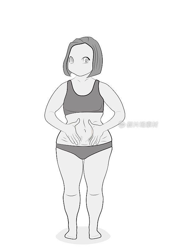 丰满的女人显示出她的丰满。减肥的概念。矢量插图。