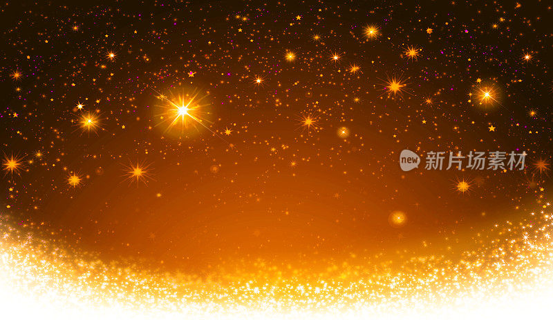 金色的天空点缀着五颜六色的星星和洁白的雪花