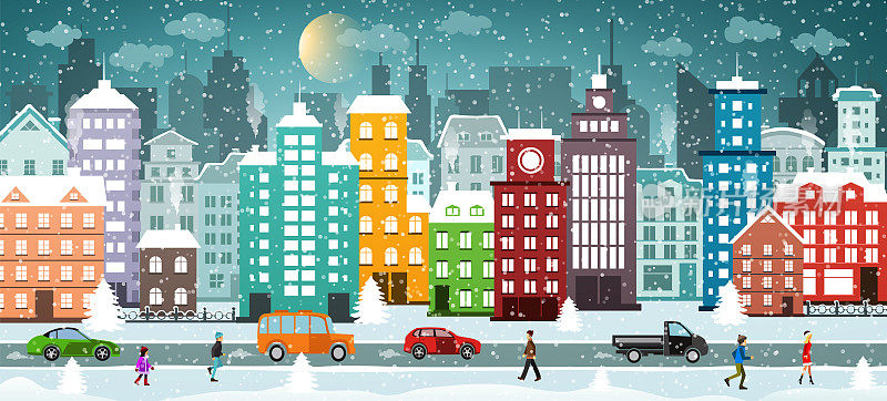 冬天的城市。积雪的街道上。
