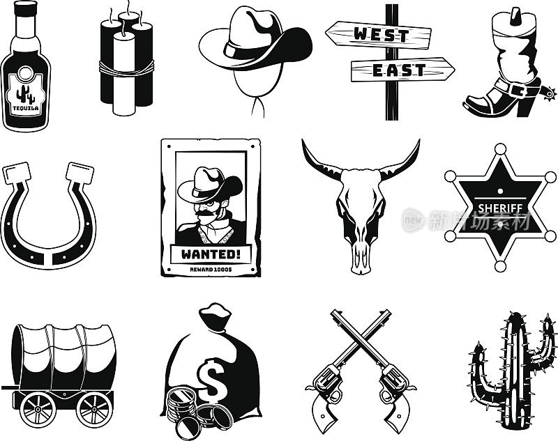 单色黑的插图。狂野西部的主题。牛仔，治安官，枪和其他标志