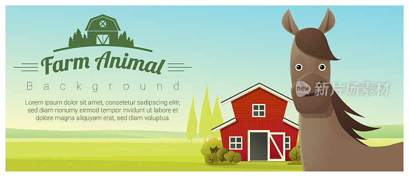 农场动物和农村景观背景马，矢量，插图