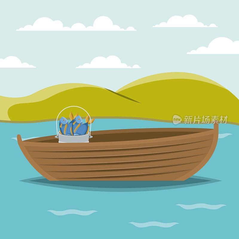色彩斑斓的湖景背景和渔船与鱼斗
