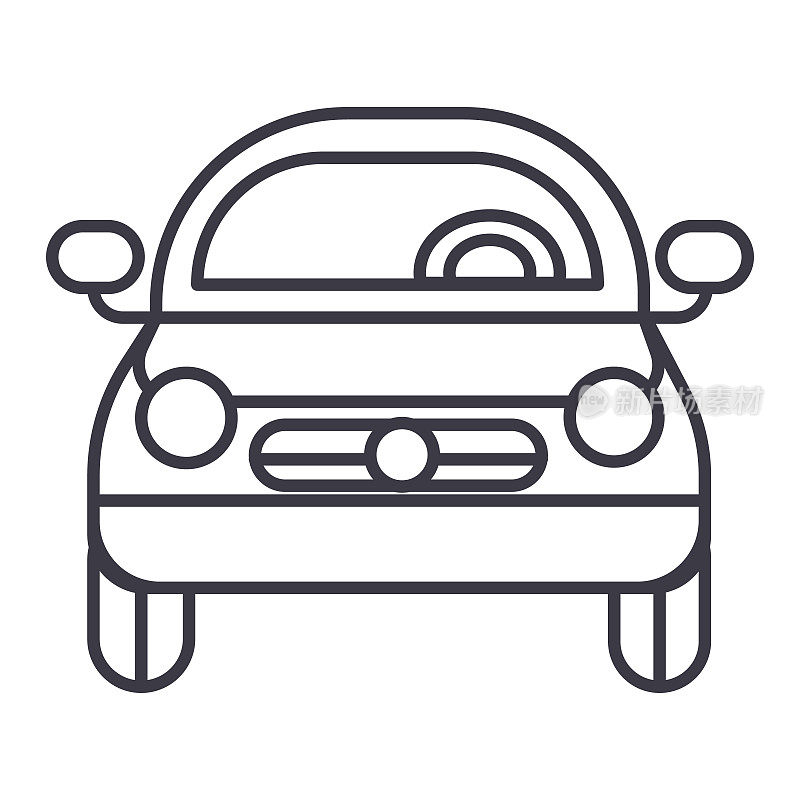 汽车车辆，前视图矢量线图标，标志，背景插图，可编辑的笔画