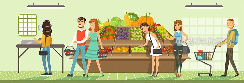 顾客在超市选购商品，商店货架上摆放新鲜蔬菜，超市室内设计水平矢量插画
