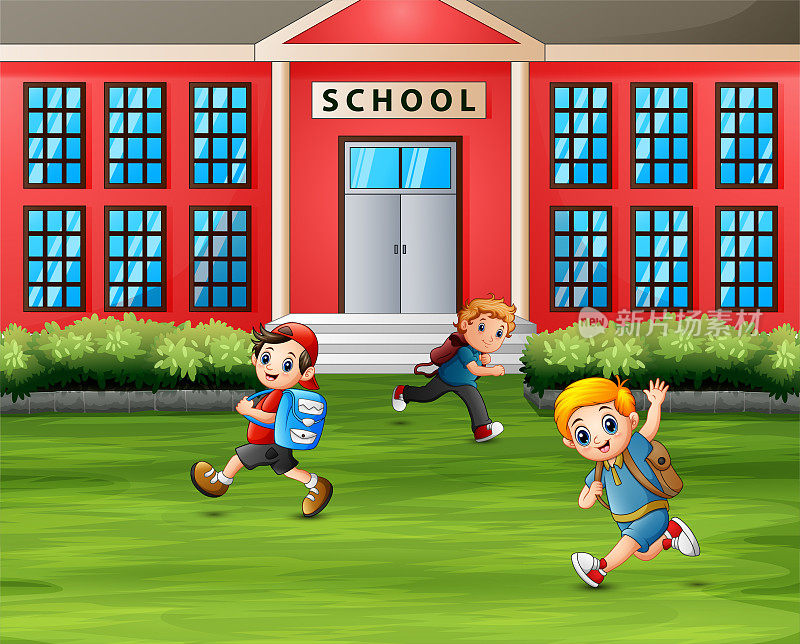 男孩子们在学校前面跑