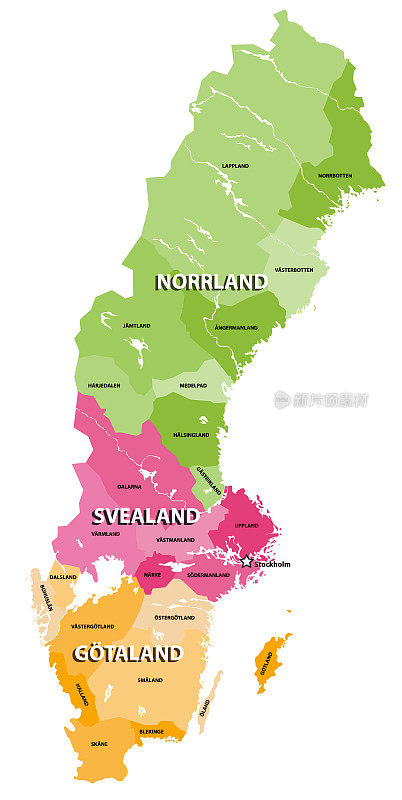 瑞典的土地矢量地图。瑞典的三个传统地区，每个都由省组成