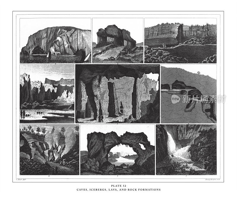 洞穴，冰山，熔岩和岩层雕刻古董插图，出版1851年