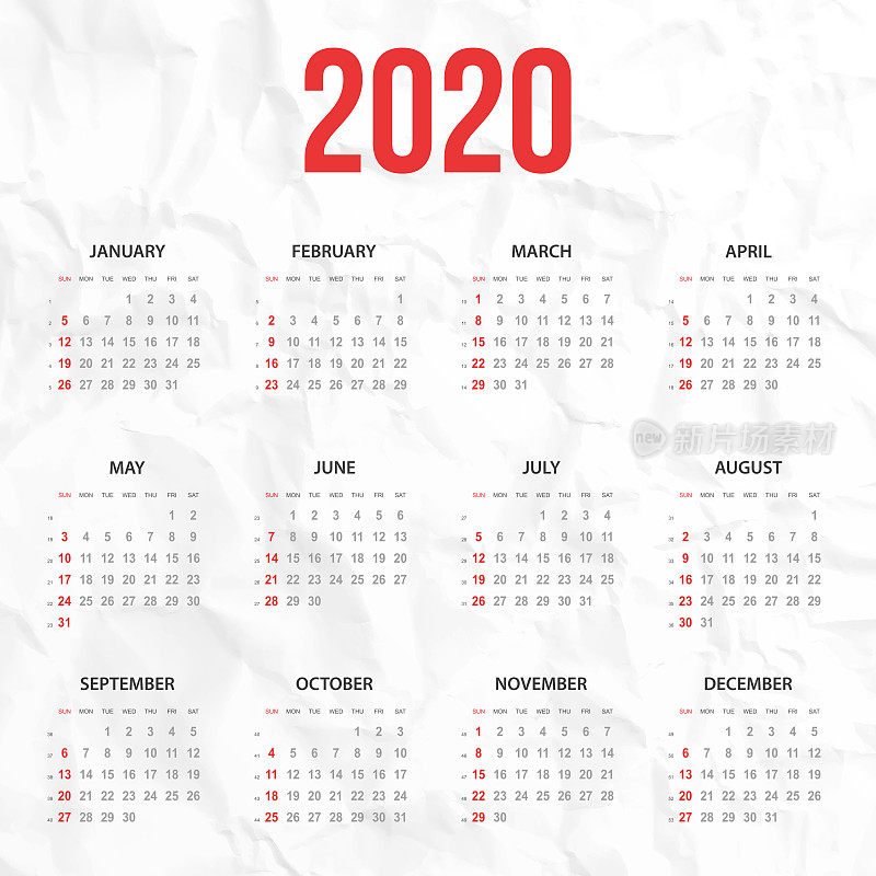 白色皱巴巴的背景上的2020年日历