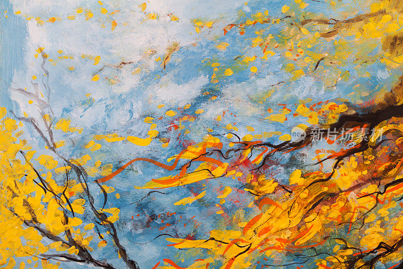 时尚的秋天插图寓言艺术作品我的油画在画布上印象主义原始水平象征性的风景树叶秋天公园树木与黄叶