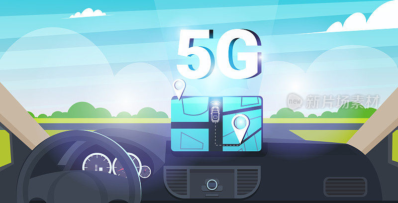汽车驾驶舱与智能驾驶辅助5G在线通信网络无线系统连接概念gps导航系统在仪表盘屏幕现代汽车内饰平展水平