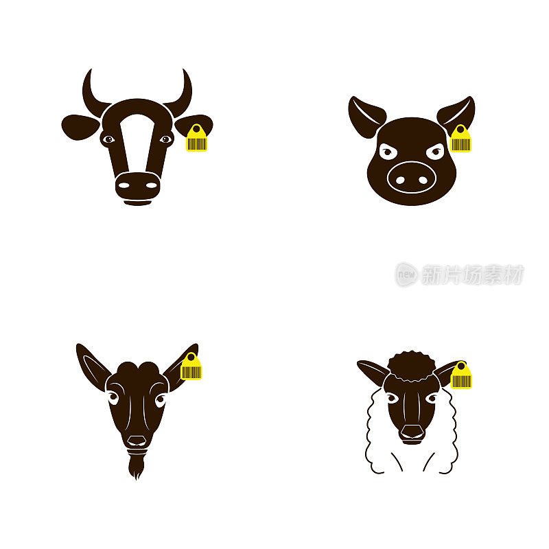 农场动物。牛、猪、羊、马、山羊头像头像用芯片、条码。