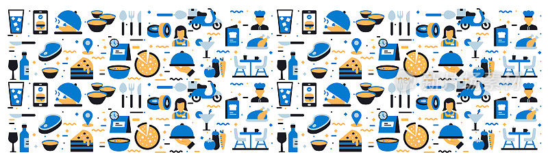 餐厅，食物和饮料相关的平面风格矢量插图