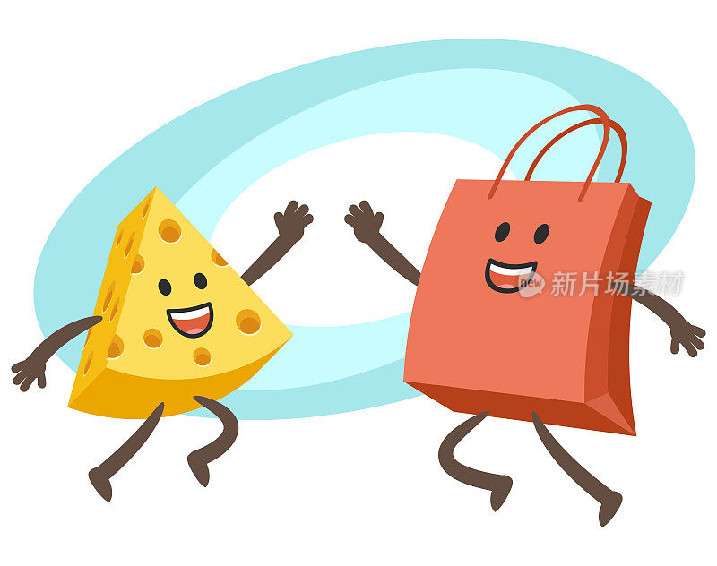 快乐奶酪人物和购物袋人物给击掌。