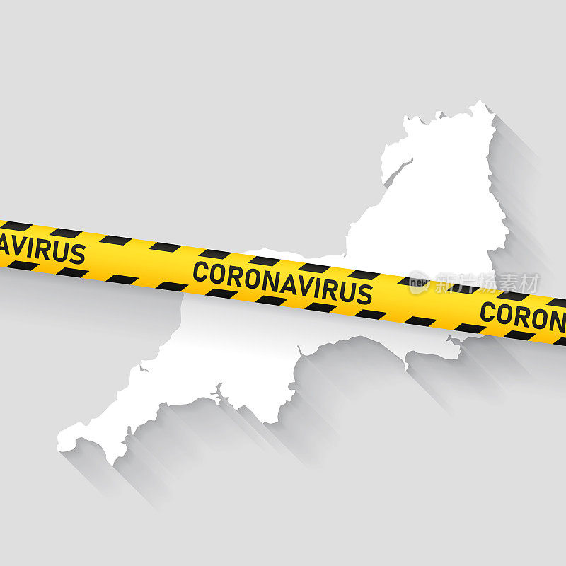 西南地图冠状病毒警告胶带。Covid-19爆发