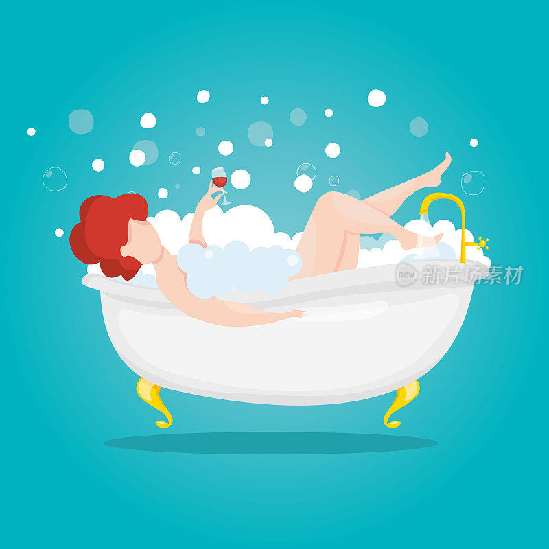 女人拿着一杯酒洗澡。劳累一天后休息一下。年轻女孩在浴室里放松。美容和水疗。矢量插图。