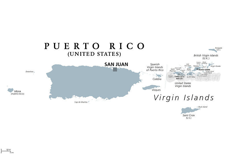 波多黎各和维尔京群岛，灰色的政治地图