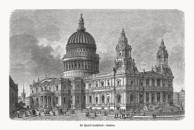 英国伦敦的圣保罗大教堂，木刻，1893年出版