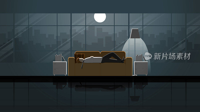 疲惫的上班族下班回家后躺在沙发上。独自在黑暗中，在满月和灯光下。疲惫不堪的人们在城市辛勤工作、加班和过度工作的生活方式。