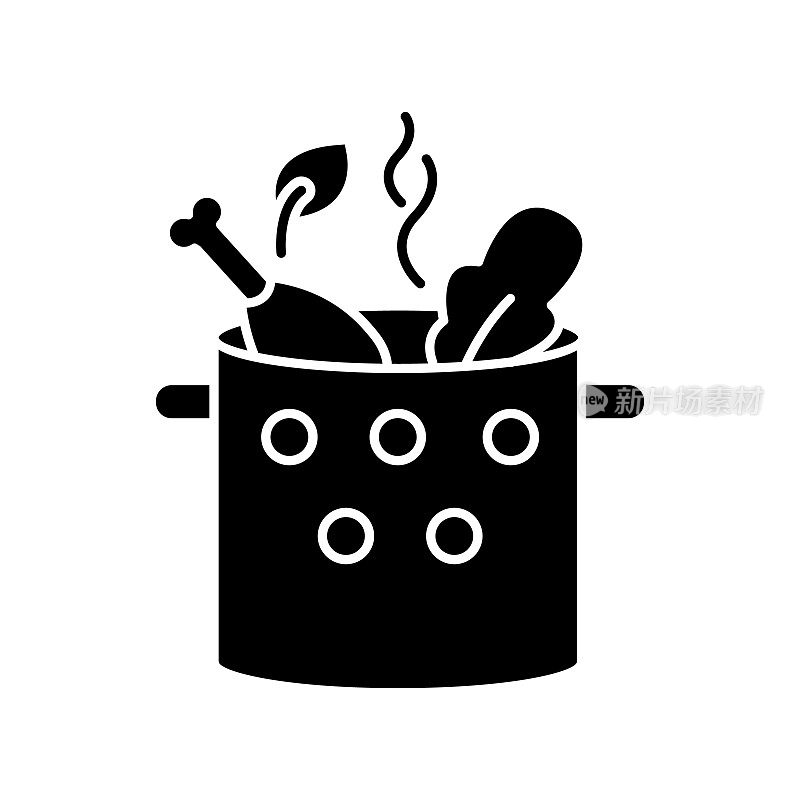 烹饪食物黑色字形图标。煮鸡汤。菜食谱。准备吃晚饭。自制肉汤和蔬菜。火锅，留白处有剪影符号。矢量隔离图