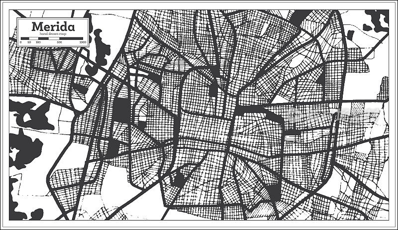梅里达墨西哥城地图黑白复古风格。略图。