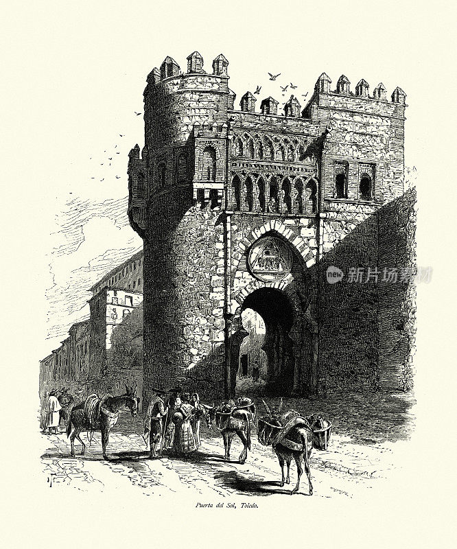 驴，工人，中世纪太阳门，托莱多，西班牙，19世纪