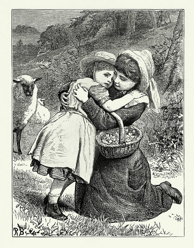 复古，母亲拥抱她的小女儿在羊的田野，美国维多利亚版画，1882年
