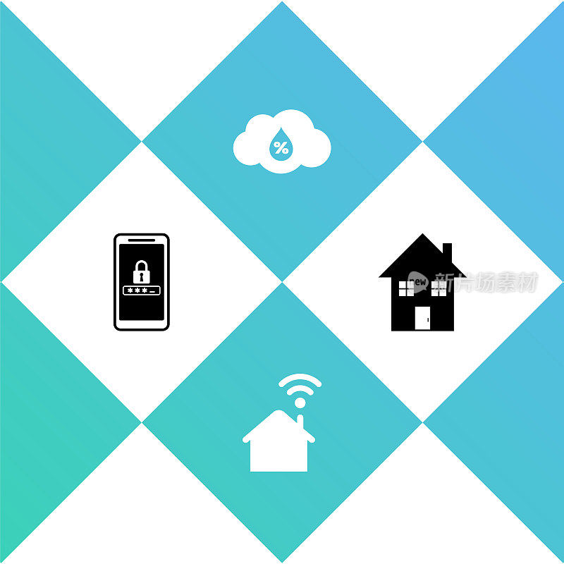 设置移动和密码保护，智能家居wi-fi，湿度和房子图标。向量