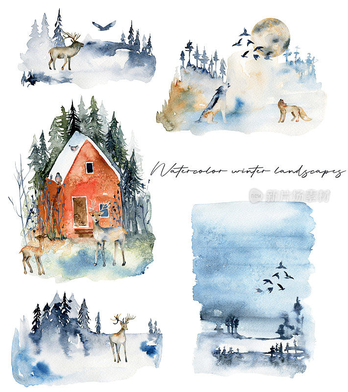 收集的水彩冬季风景与森林动物，手绘孤立的插图在白色的背景