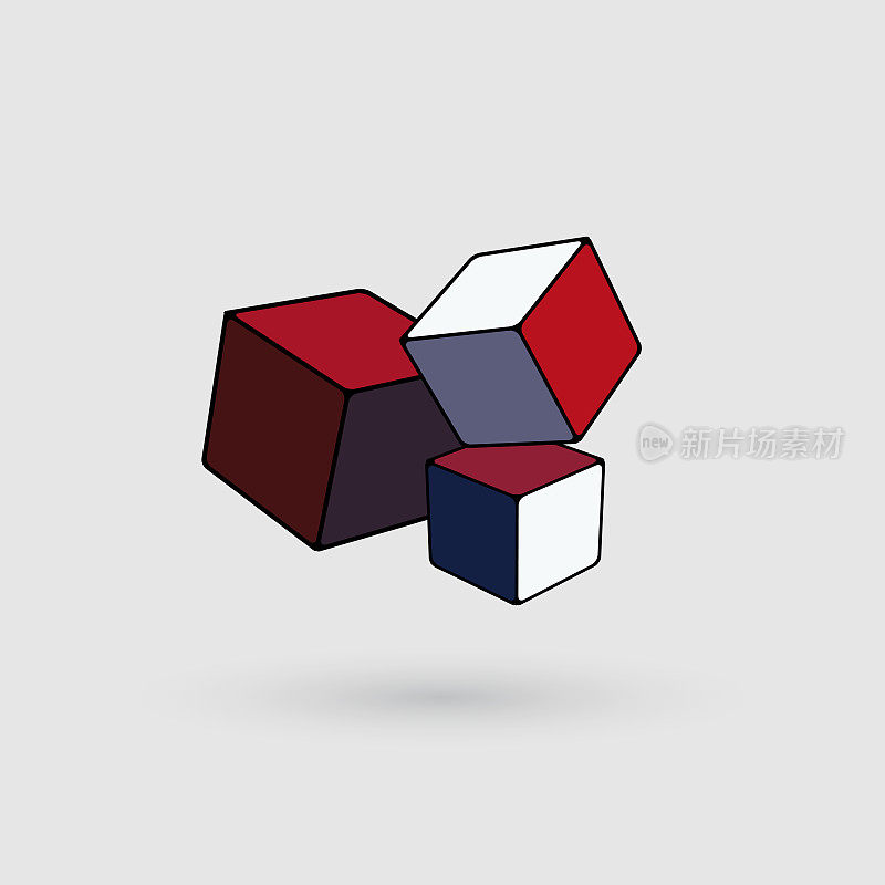 矢量极简主义三个三维立方体盒模型图标