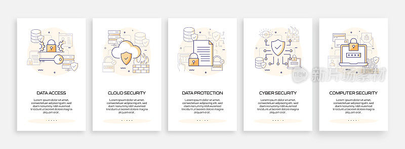 数据安全和网络安全概念的移动应用程序页面屏幕与平面图标。用户体验，用户界面设计模板矢量插图