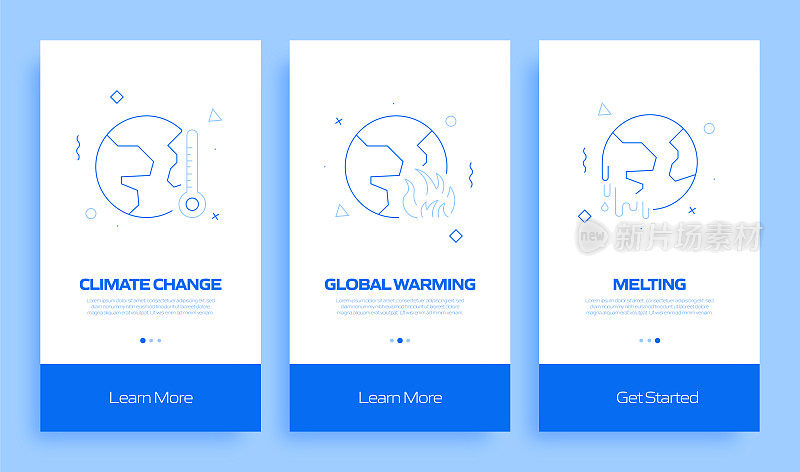 全球变暖概念上车移动应用程序页面屏幕与平面图标。UI设计模板矢量插图