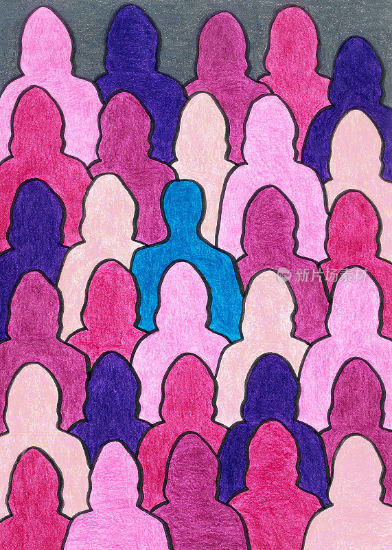 蓝色的男人被粉色和紫色的女人包围