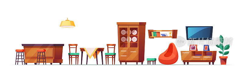 客厅家具卡通。家居室内装饰家具，舒适的客厅和厨房。木制衣柜，带窗帘的窗户，扶手椅，枕头，沙发，吧台，书架和书