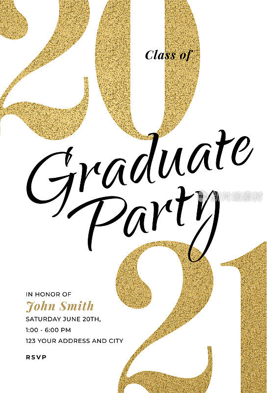 2021届毕业生。聚会的邀请。金光闪闪的贺卡。
