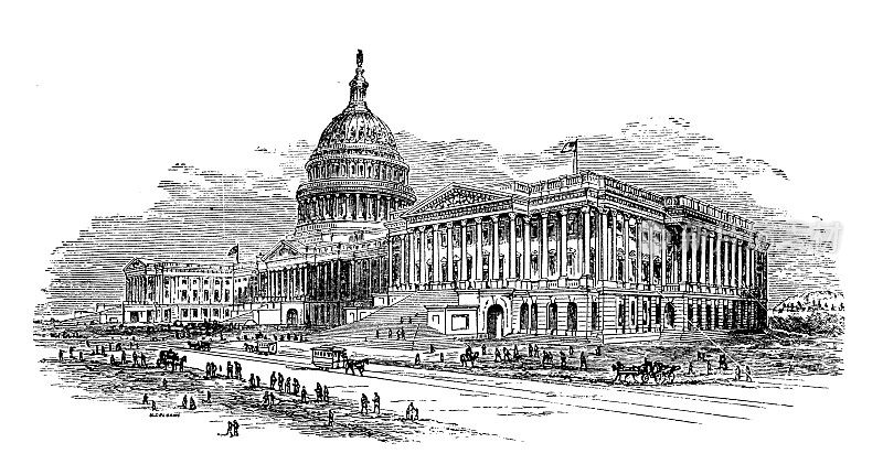 来自学校地图集的古董插图:国会大厦，华盛顿特区