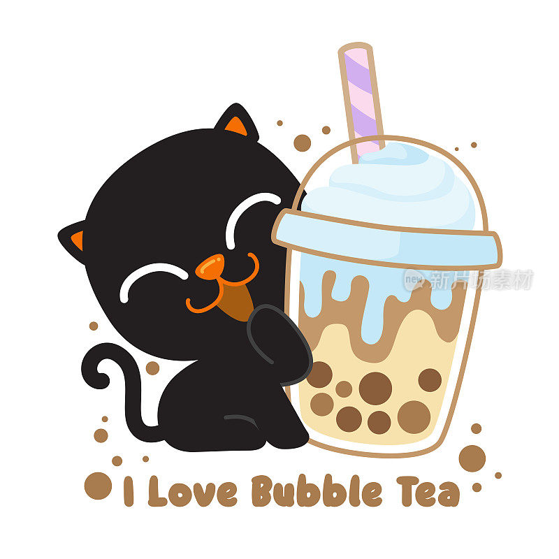 可爱的黑猫喜欢奶茶，可爱的卡通喵与奶茶隔离卡通。矢量图