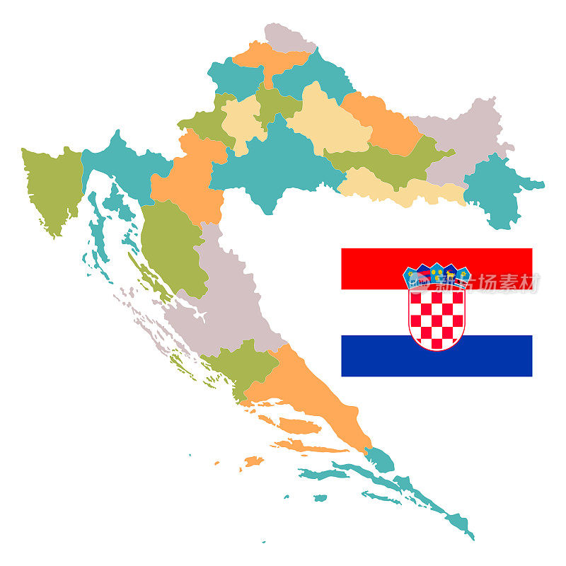高详细的年份克罗地亚地图与地区和国旗