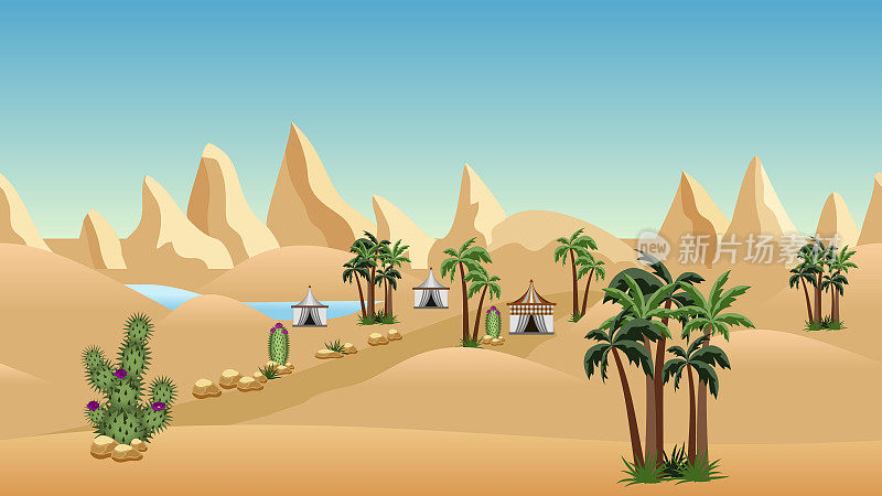 沙漠绿洲和贝都因人营地。用于卡通或游戏背景设计的景观。