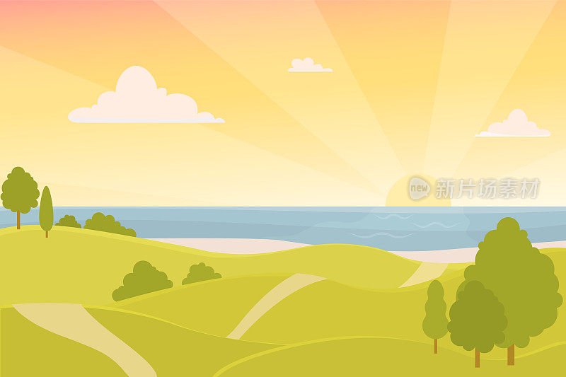 矢量插图的大海在日落，在前景绿色的小山和树木。公园里有小山，海边有日出和云朵。平面风格的天空和大海背景