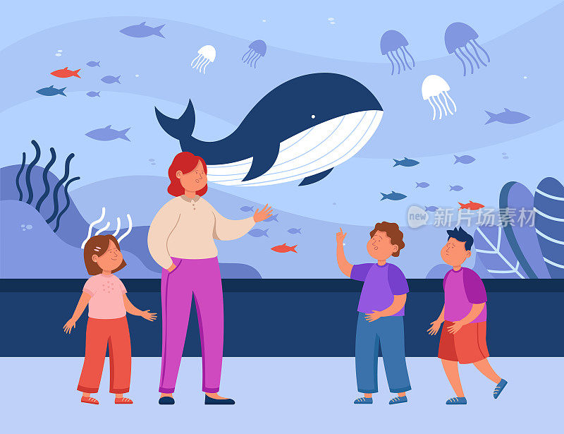 卡通妈妈和孩子们在水族馆里看海洋动物
