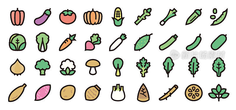 蔬菜图标集(粗体轮廓颜色版本)