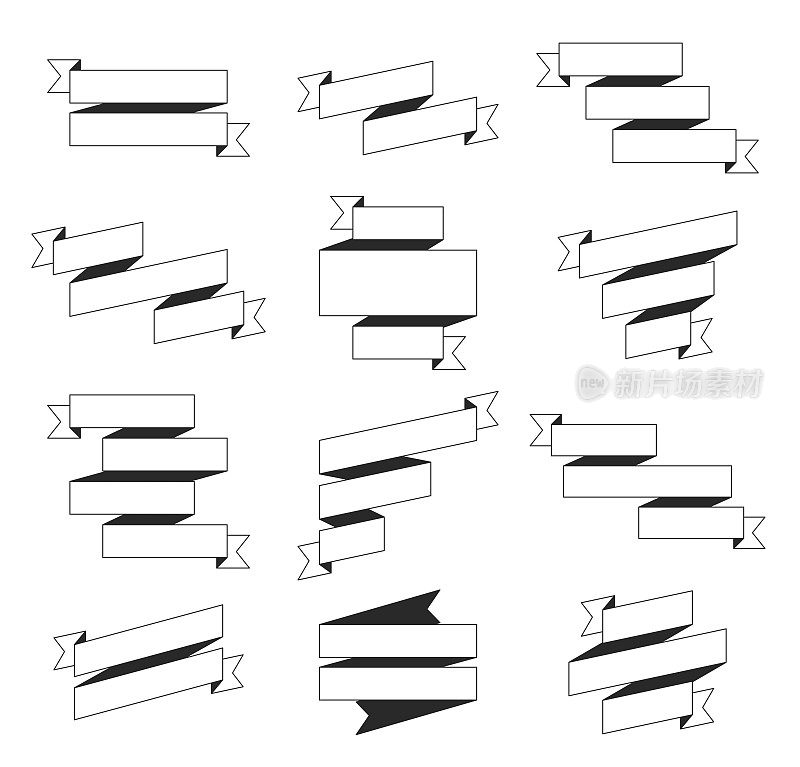 一套丝带，横幅(轮廓，线条艺术)-设计元素在白色的背景