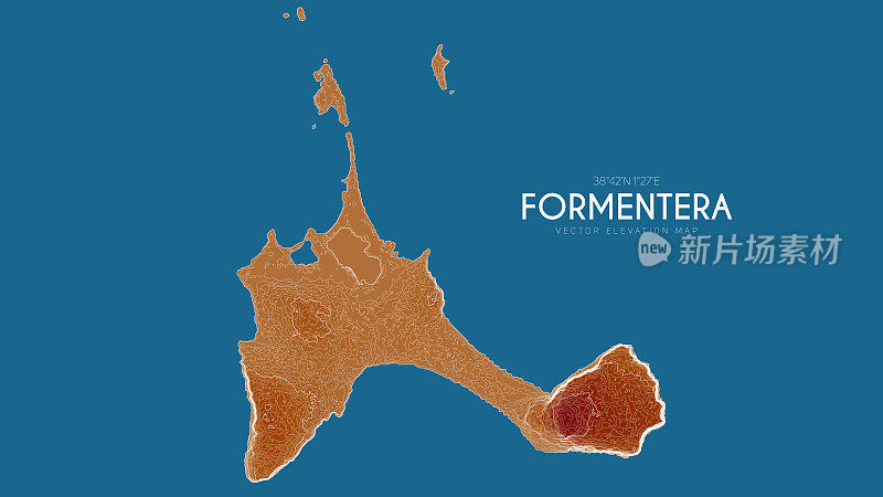 西班牙巴利阿里群岛福门特拉地形图。矢量详细高程地图的岛屿。地理优美的景观轮廓海报。
